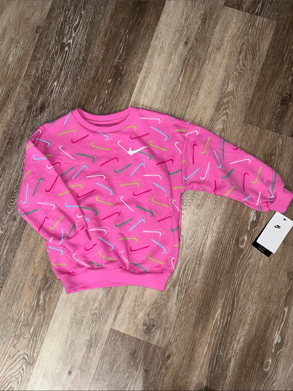 NEW Nike Pink Crewneck with Multicolor Swoosh Print
